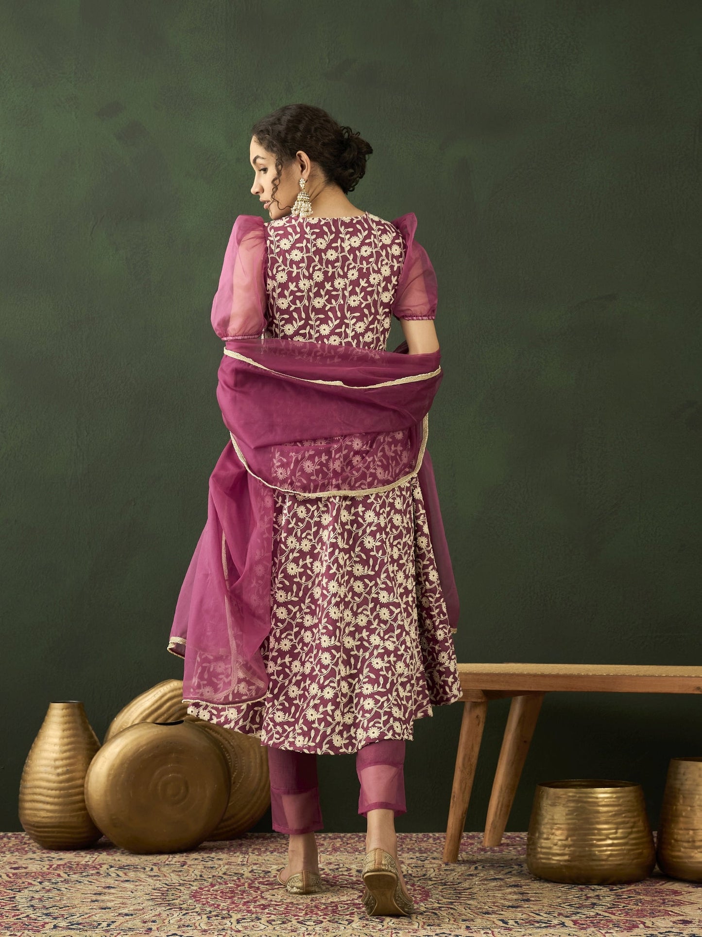Purple Floral Embroidered Anarkali Pant With Dupatta - Elganza