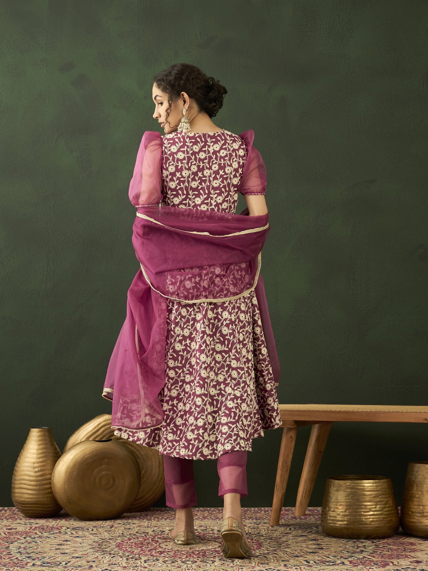 Purple Floral Embroidered Anarkali Pant With Dupatta - Elganza