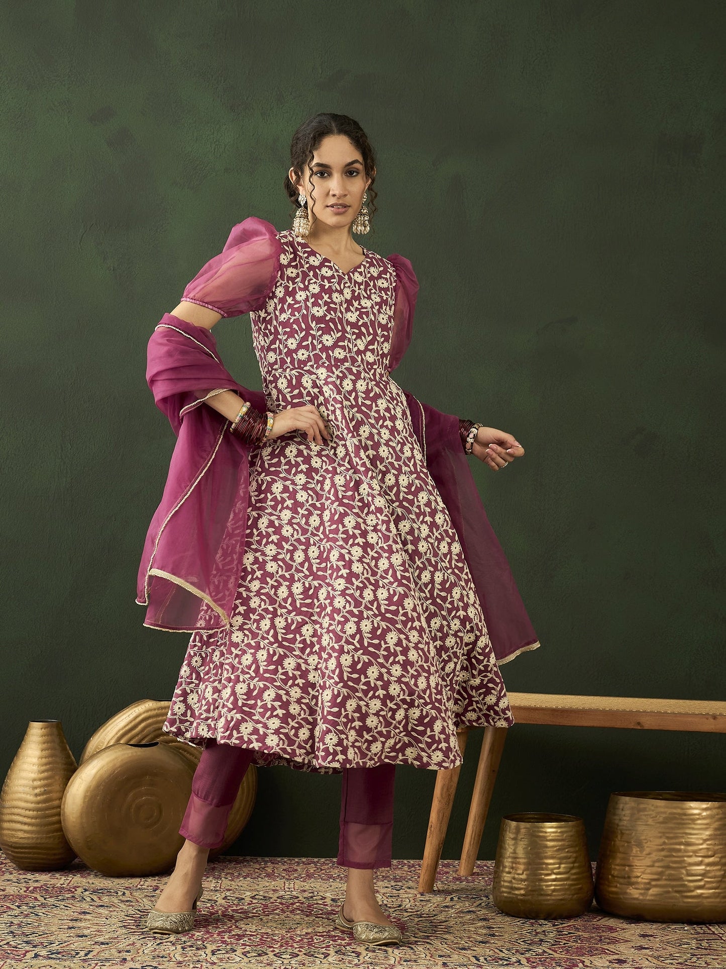 Purple Floral Embroidered Anarkali Pant With Dupatta - Elganza