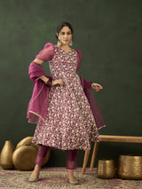 Purple Floral Embroidered Anarkali Pant With Dupatta - Elganza