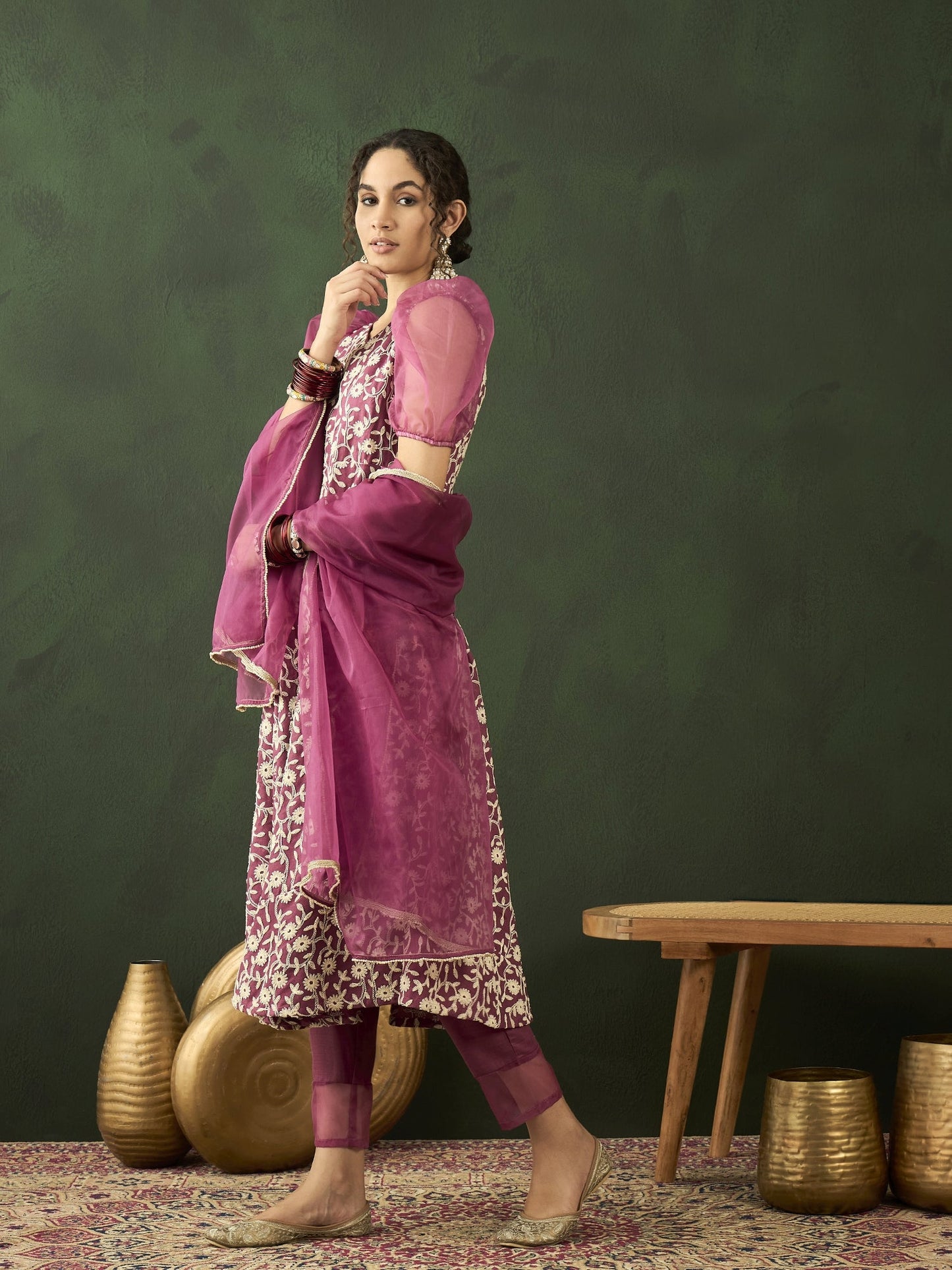 Purple Floral Embroidered Anarkali Pant With Dupatta - Elganza