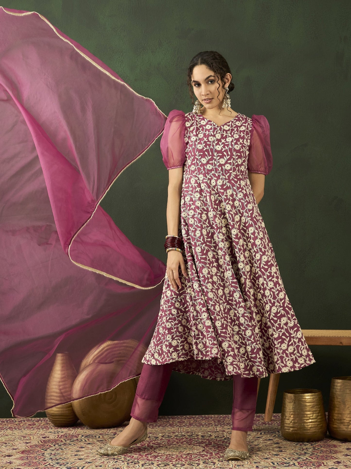 Purple Floral Embroidered Anarkali Pant With Dupatta - Elganza