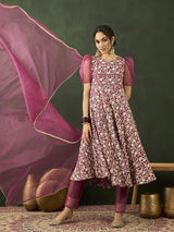 Purple Floral Embroidered Anarkali Pant With Dupatta - Elganza