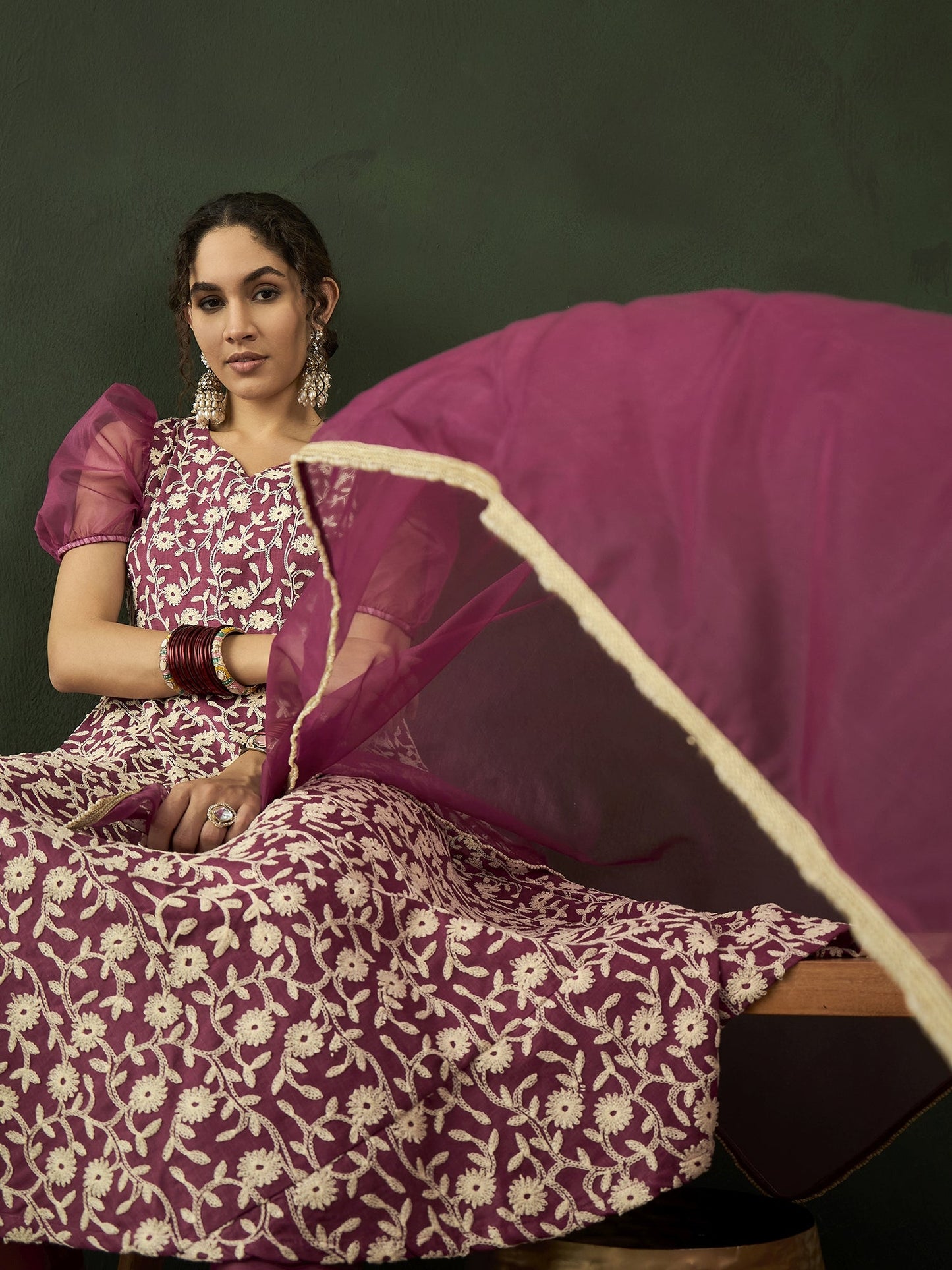 Purple Floral Embroidered Anarkali Pant With Dupatta - Elganza