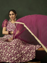 Purple Floral Embroidered Anarkali Pant With Dupatta - Elganza