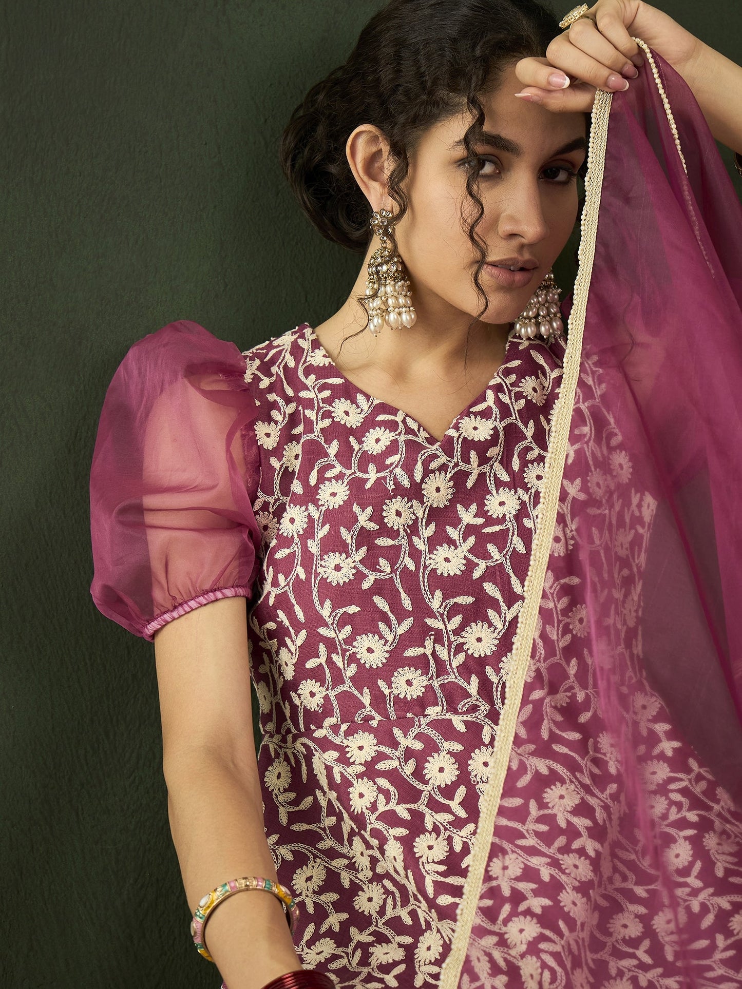 Purple Floral Embroidered Anarkali Pant With Dupatta - Elganza
