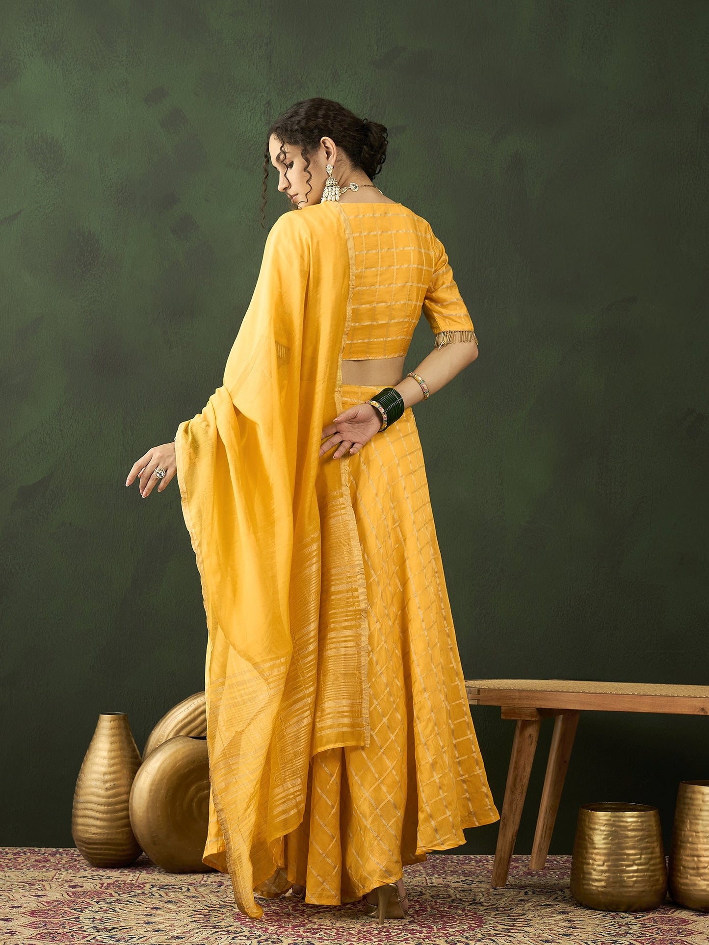 Yellow Checked Lehenga Choli With Dupatta - Elganza