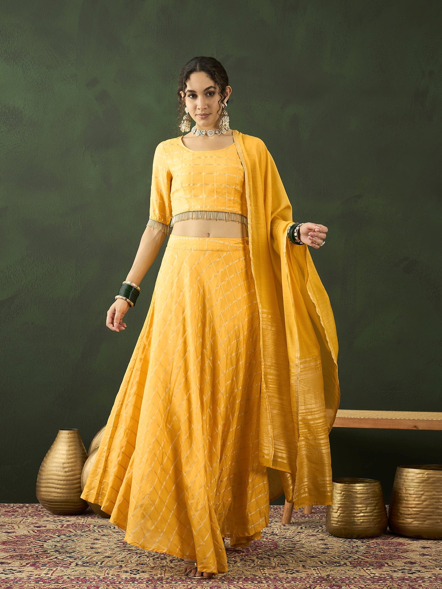 Yellow Checked Lehenga Choli With Dupatta - Elganza