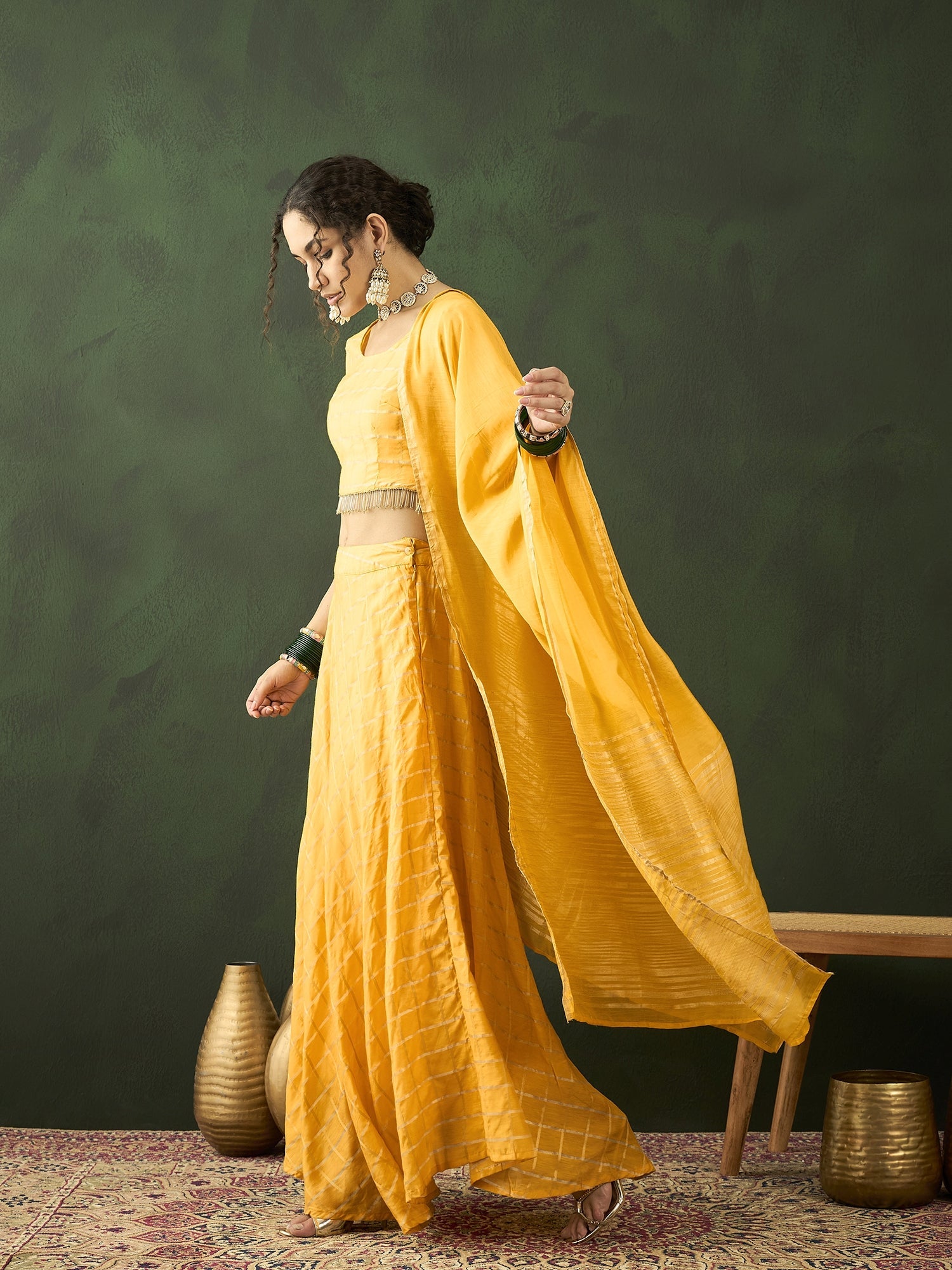 Yellow Checked Lehenga Choli With Dupatta - Elganza