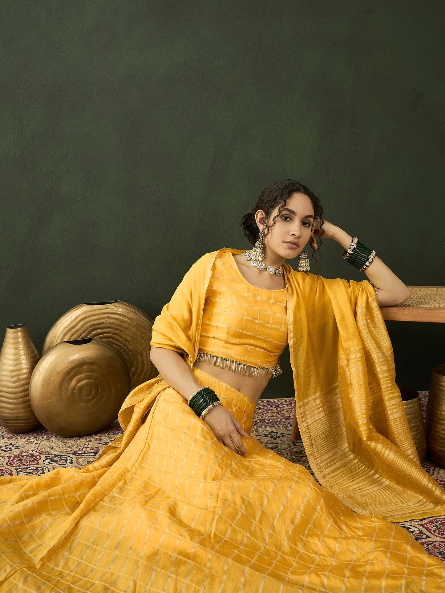 Yellow Checked Lehenga Choli With Dupatta - Elganza
