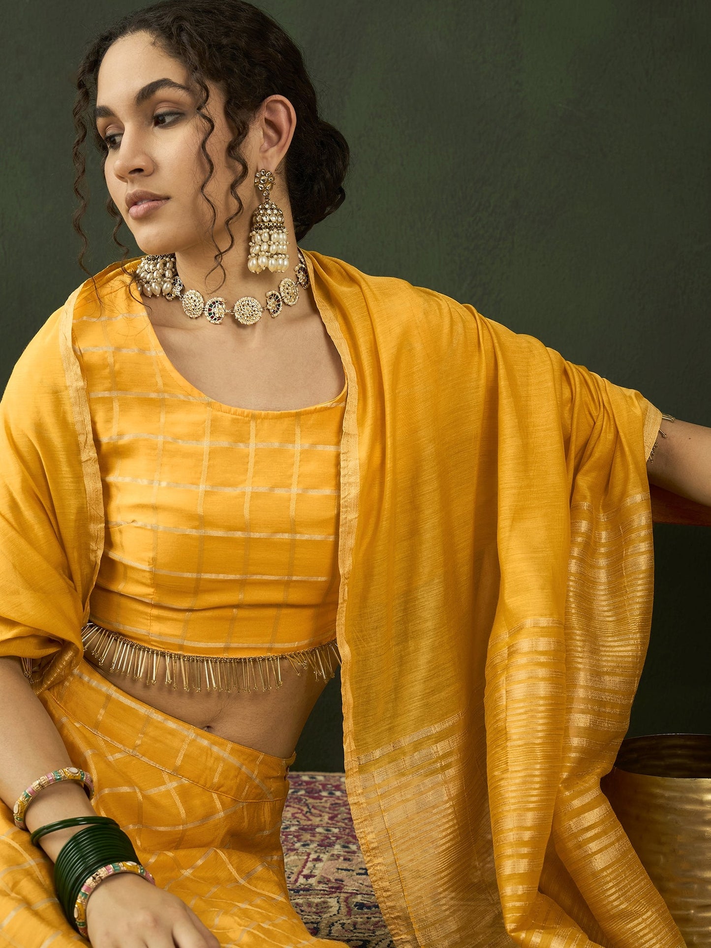 Yellow Checked Lehenga Choli With Dupatta - Elganza