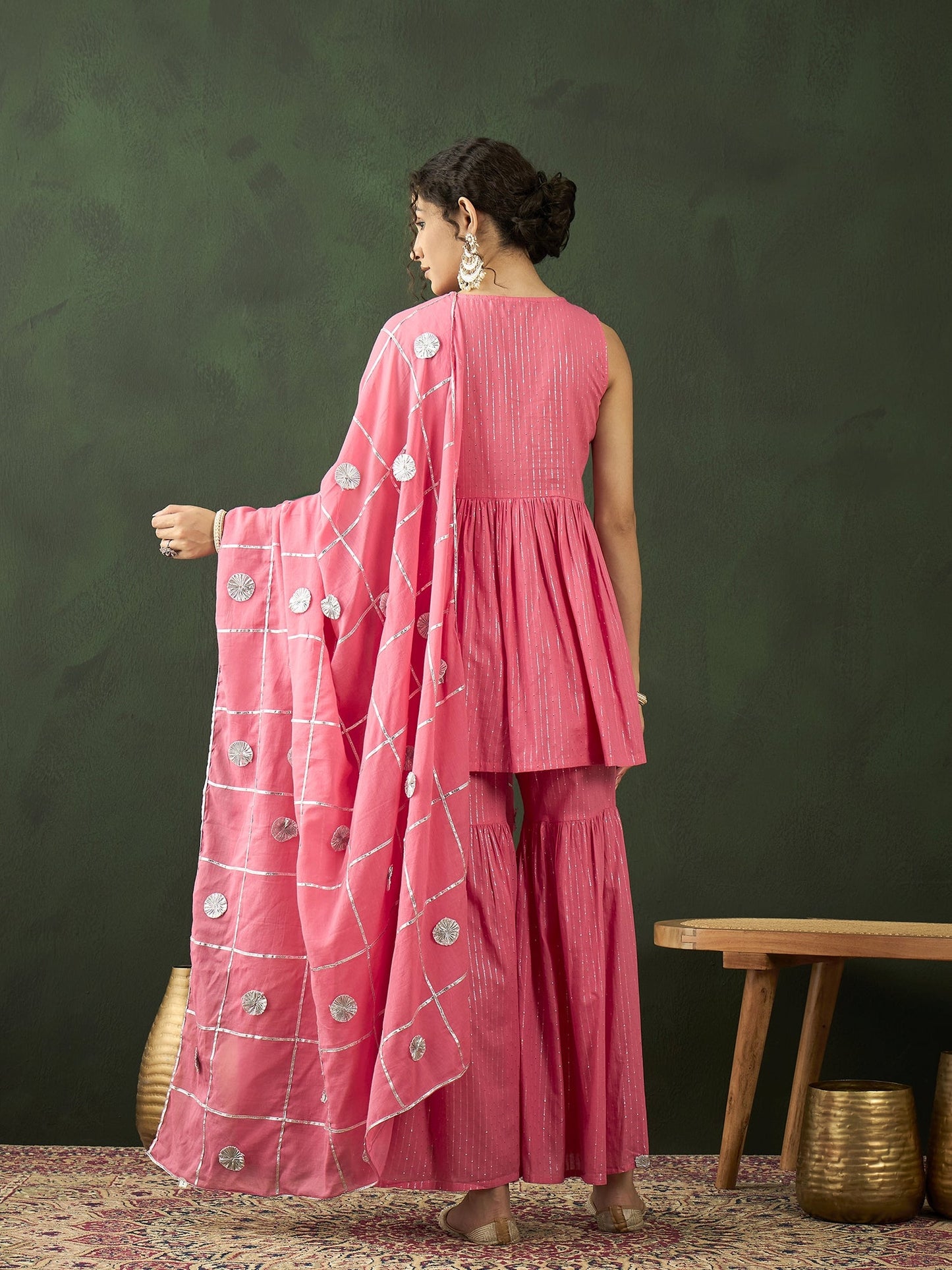 Pink Sequin Kurta Sharara With Dupatta - Elganza