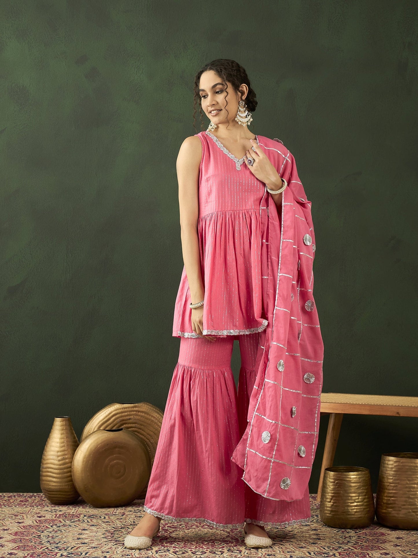 Pink Sequin Kurta Sharara With Dupatta - Elganza
