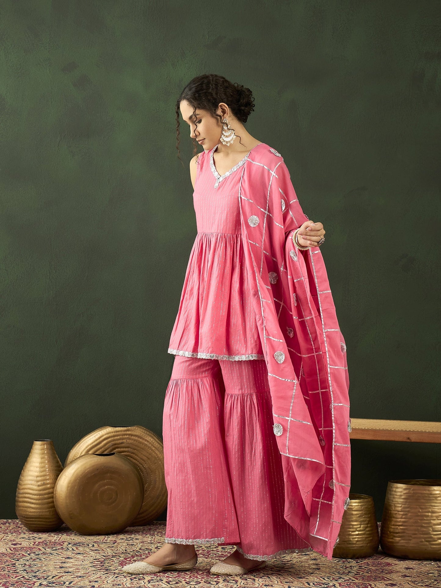 Pink Sequin Kurta Sharara With Dupatta - Elganza