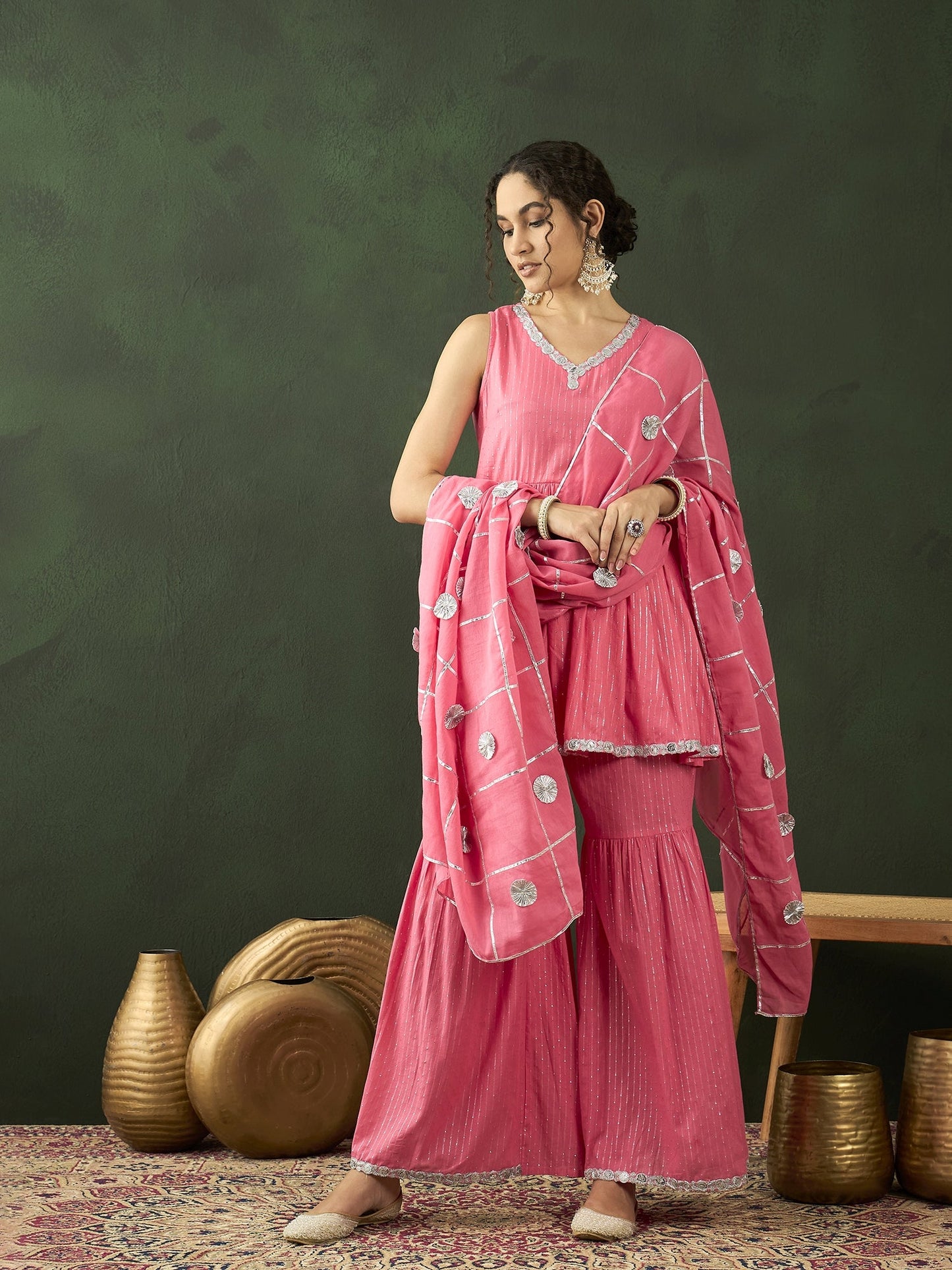 Pink Sequin Kurta Sharara With Dupatta - Elganza