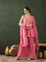 Pink Sequin Kurta Sharara With Dupatta - Elganza
