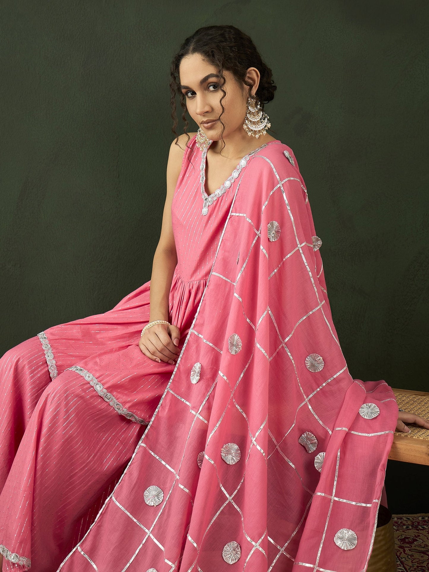 Pink Sequin Kurta Sharara With Dupatta - Elganza