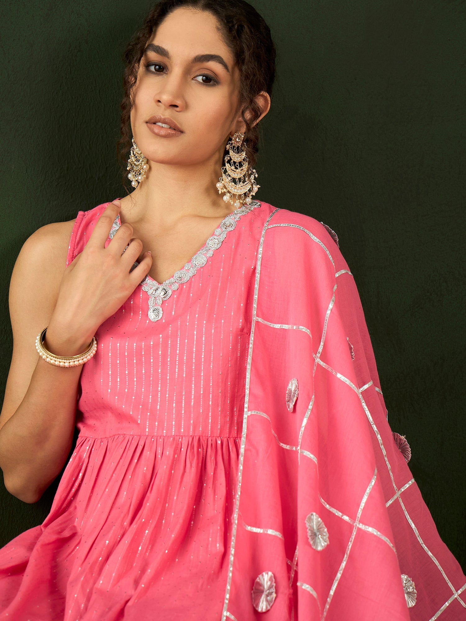 Pink Sequin Kurta Sharara With Dupatta - Elganza