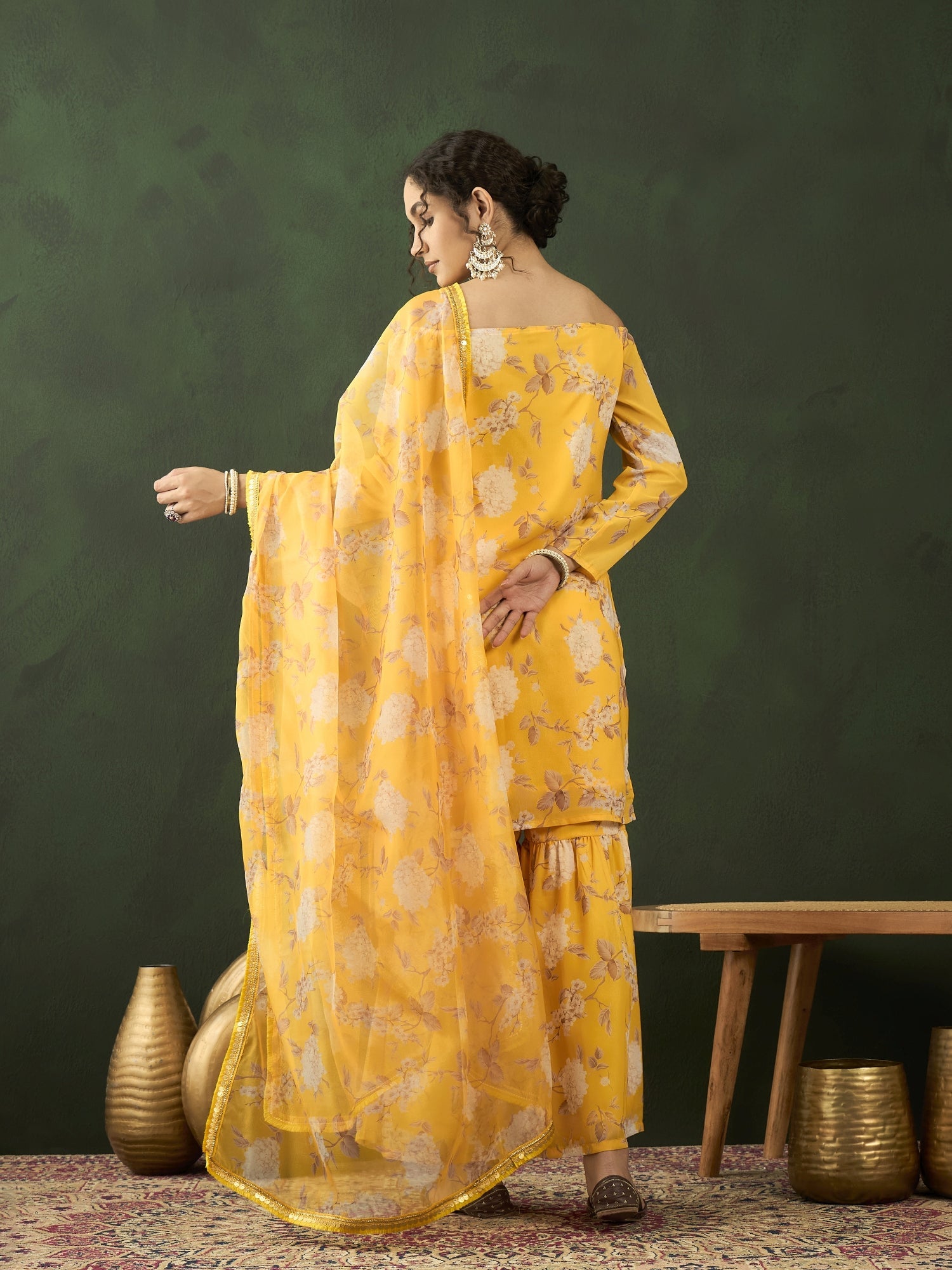 Yellow Floral Print Kurta Sharara With Dupatta - Elganza