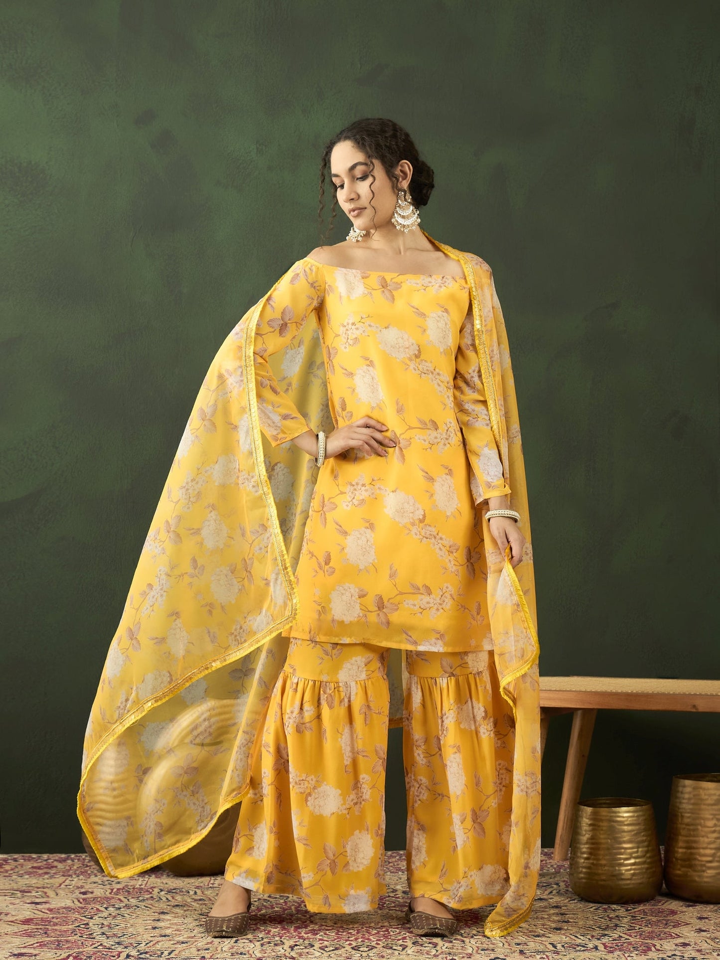 Yellow Floral Print Kurta Sharara With Dupatta - Elganza