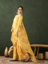 Yellow Floral Print Kurta Sharara With Dupatta - Elganza