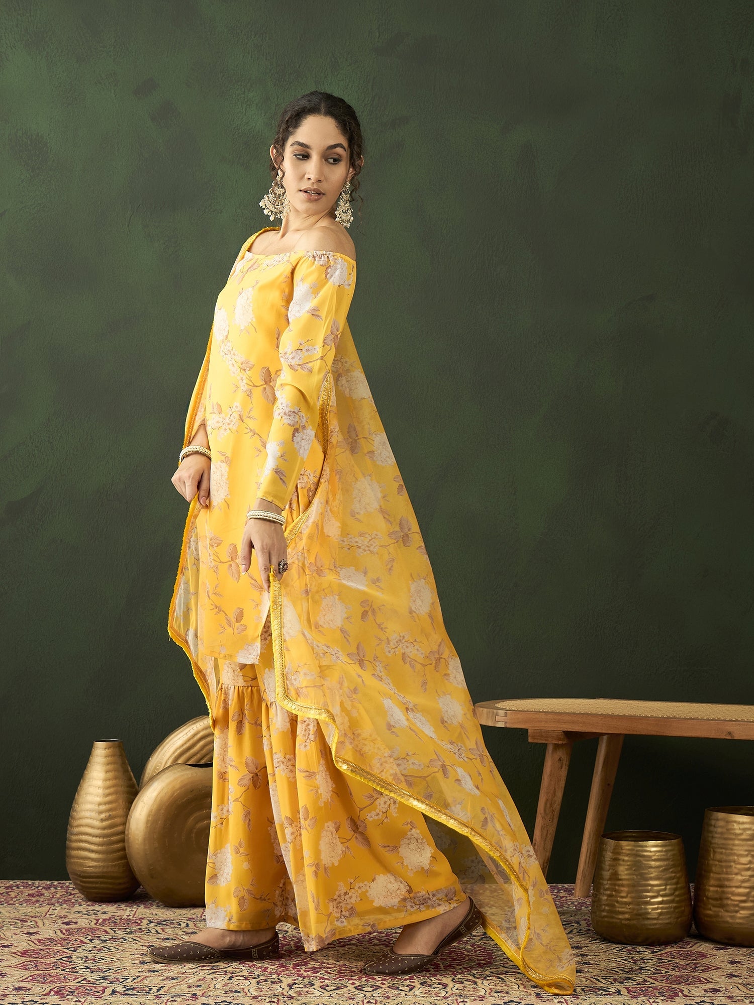 Yellow Floral Print Kurta Sharara With Dupatta - Elganza