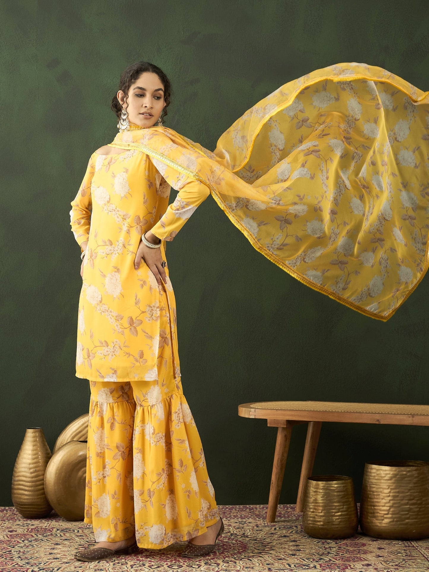 Yellow Floral Print Kurta Sharara With Dupatta - Elganza