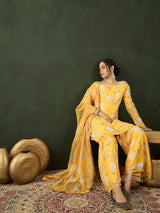 Yellow Floral Print Kurta Sharara With Dupatta - Elganza