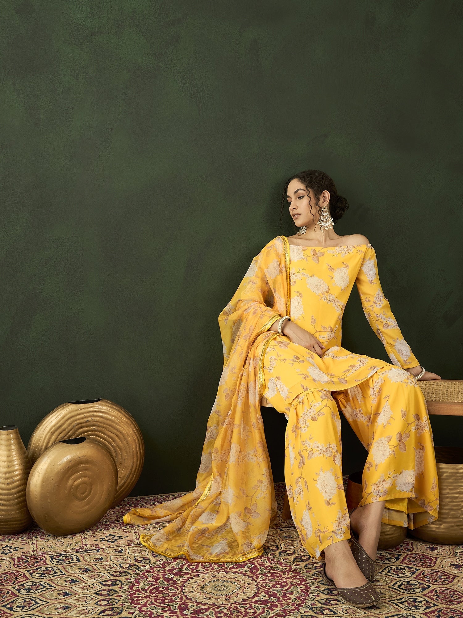 Yellow Floral Print Kurta Sharara With Dupatta - Elganza