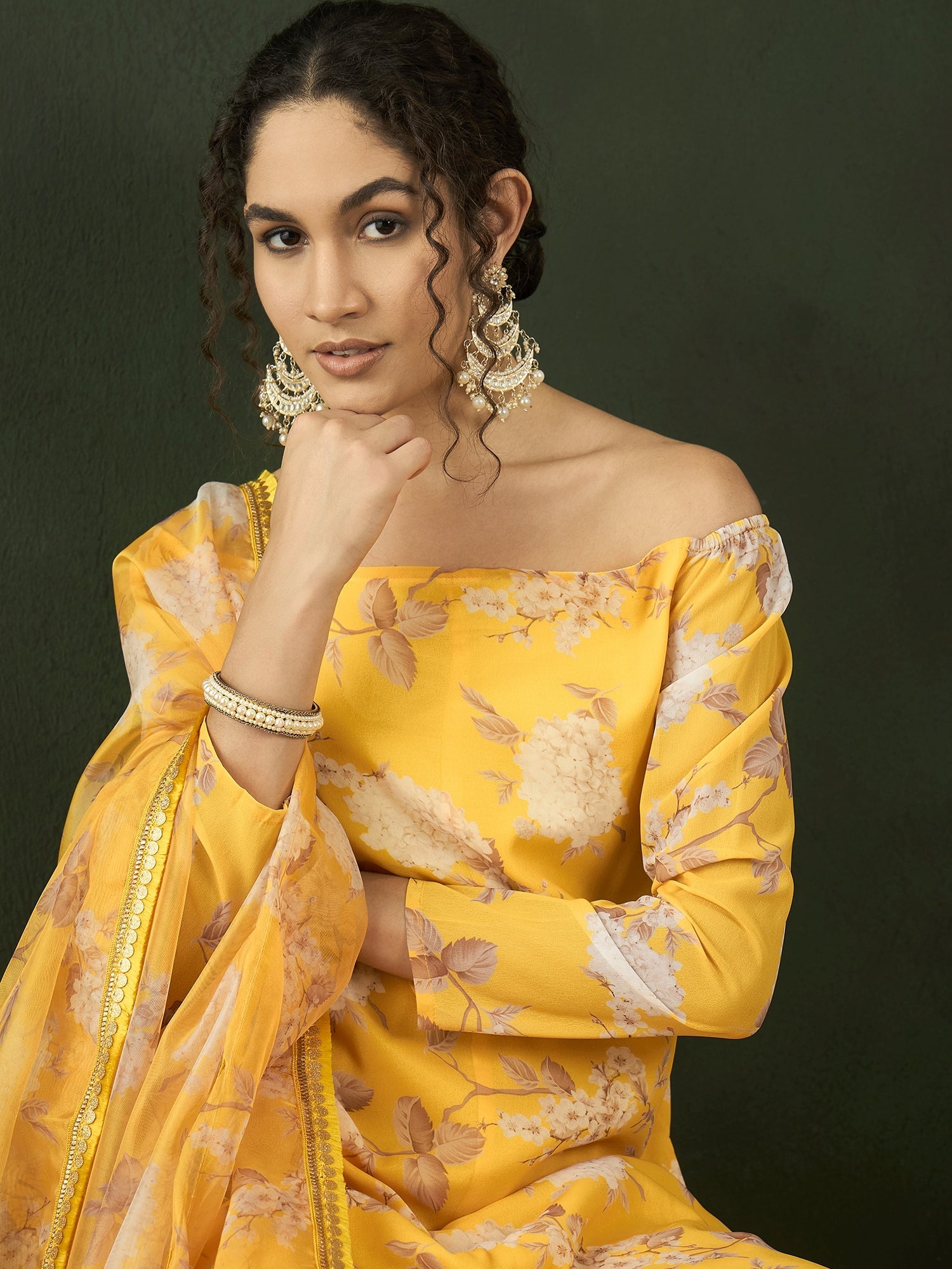 Yellow Floral Print Kurta Sharara With Dupatta - Elganza