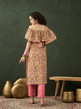 Yellow Floral Print Off-Shoulder Straight Kurta - Elganza