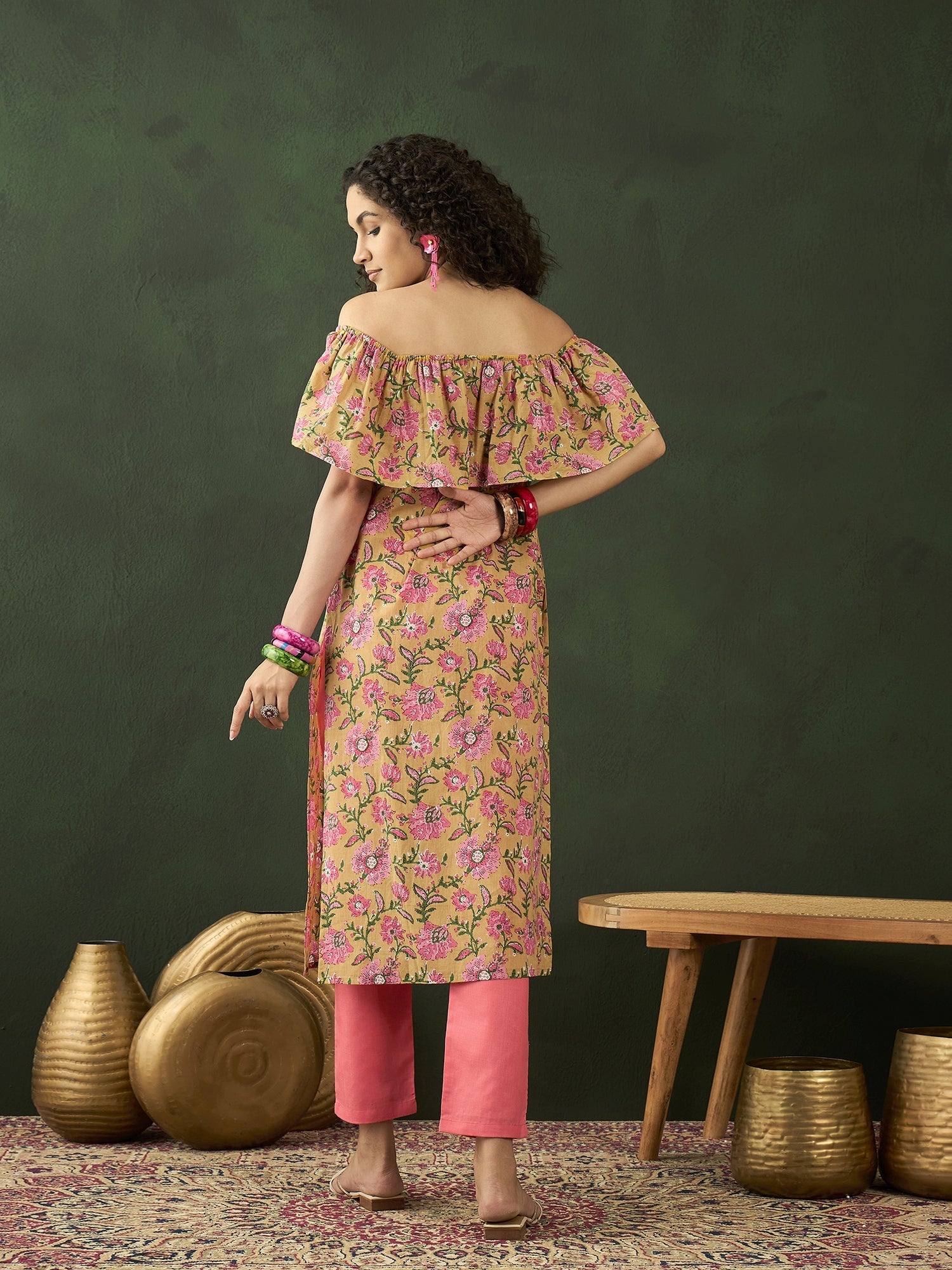 Yellow Floral Print Off-Shoulder Straight Kurta - Elganza