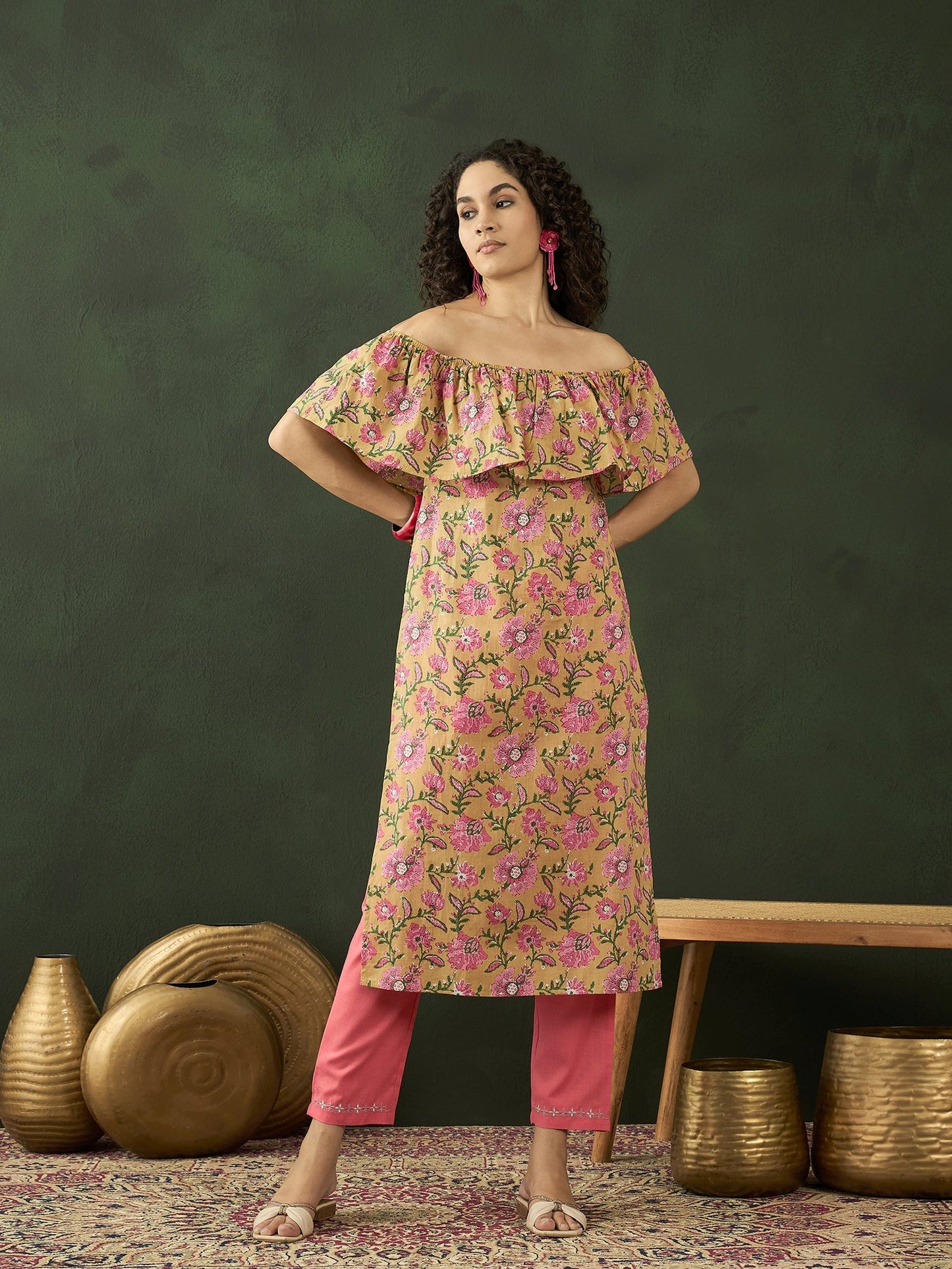Yellow Floral Print Off-Shoulder Straight Kurta - Elganza