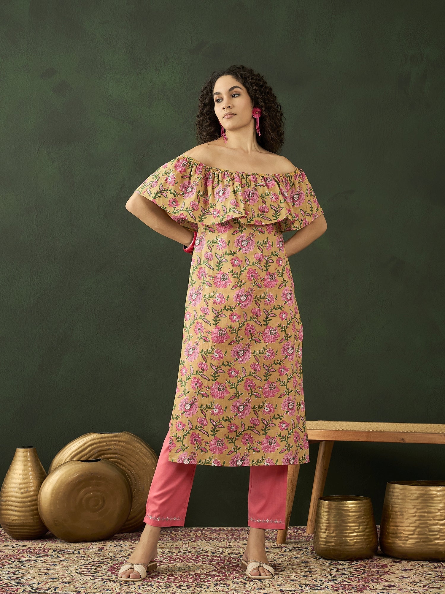 Yellow Floral Print Off-Shoulder Straight Kurta - Elganza