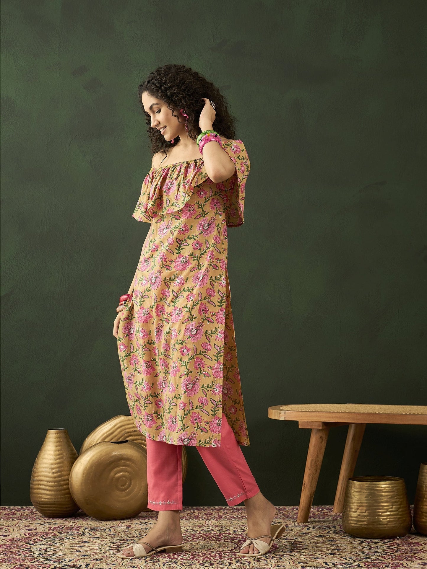 Yellow Floral Print Off-Shoulder Straight Kurta - Elganza