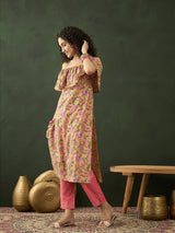 Yellow Floral Print Off-Shoulder Straight Kurta - Elganza