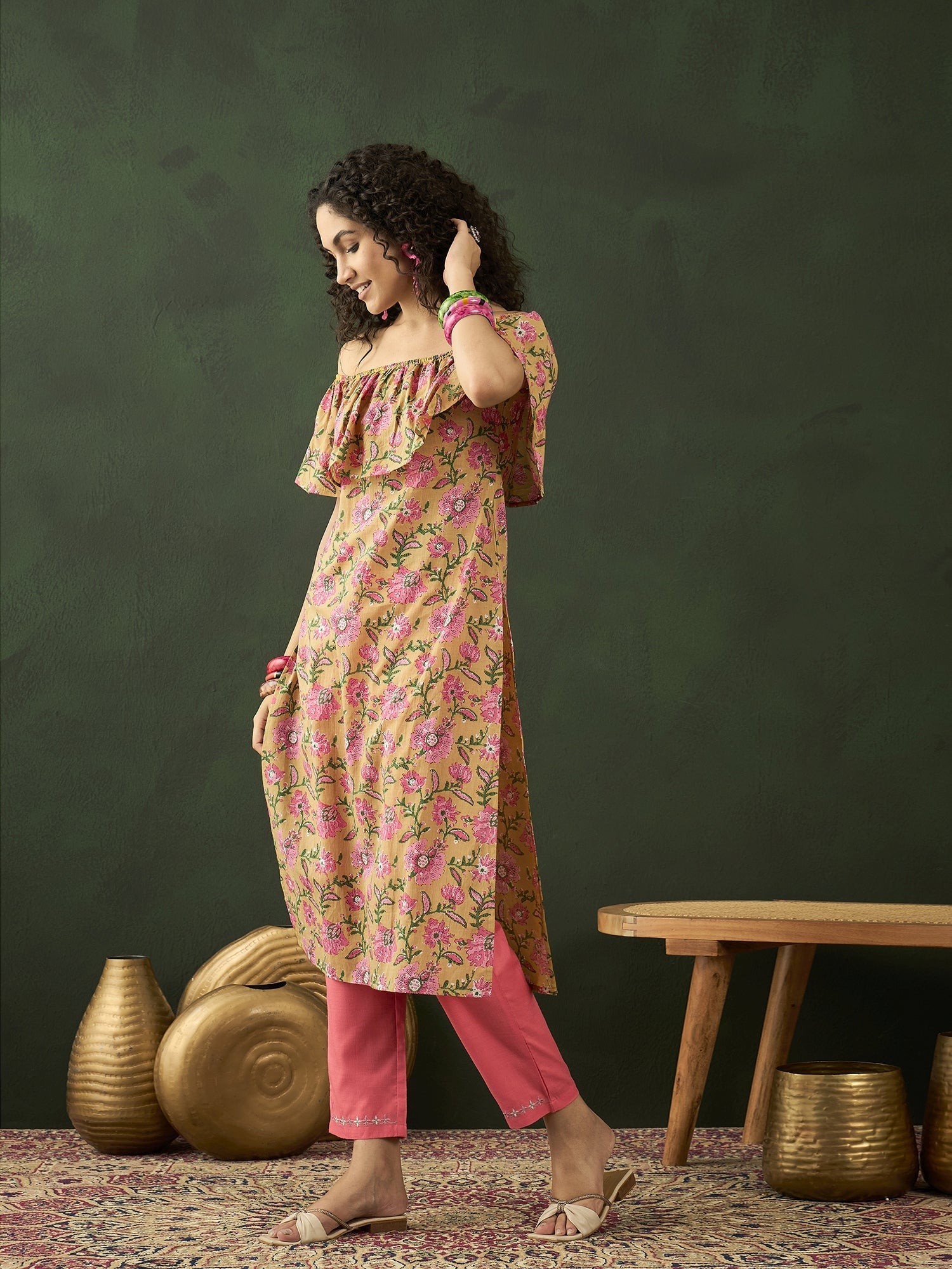 Yellow Floral Print Off-Shoulder Straight Kurta - Elganza