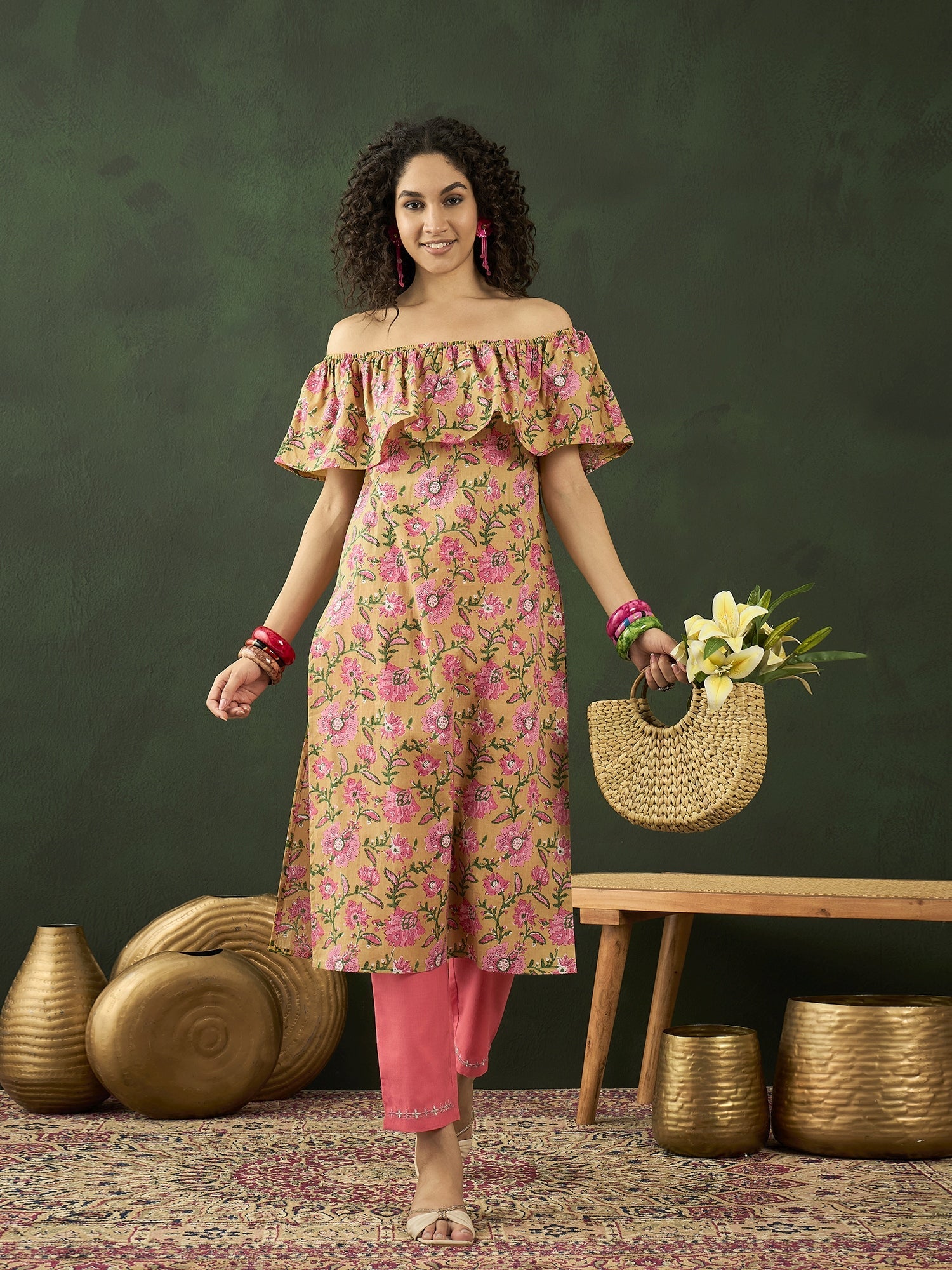 Yellow Floral Print Off-Shoulder Straight Kurta - Elganza