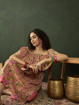 Yellow Floral Print Off-Shoulder Straight Kurta - Elganza