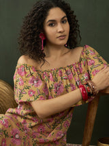 Yellow Floral Print Off-Shoulder Straight Kurta - Elganza