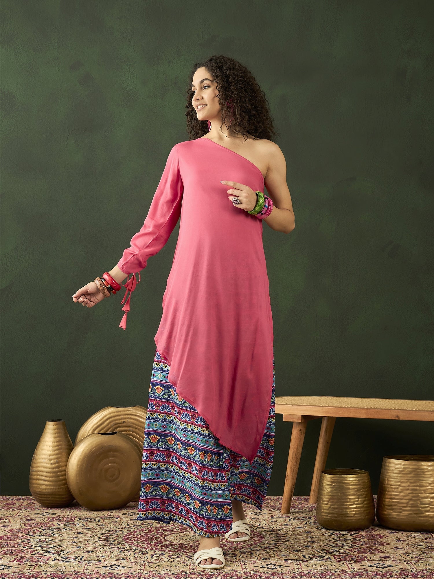 Pink Kurta With Printed Palazzo - Elganza