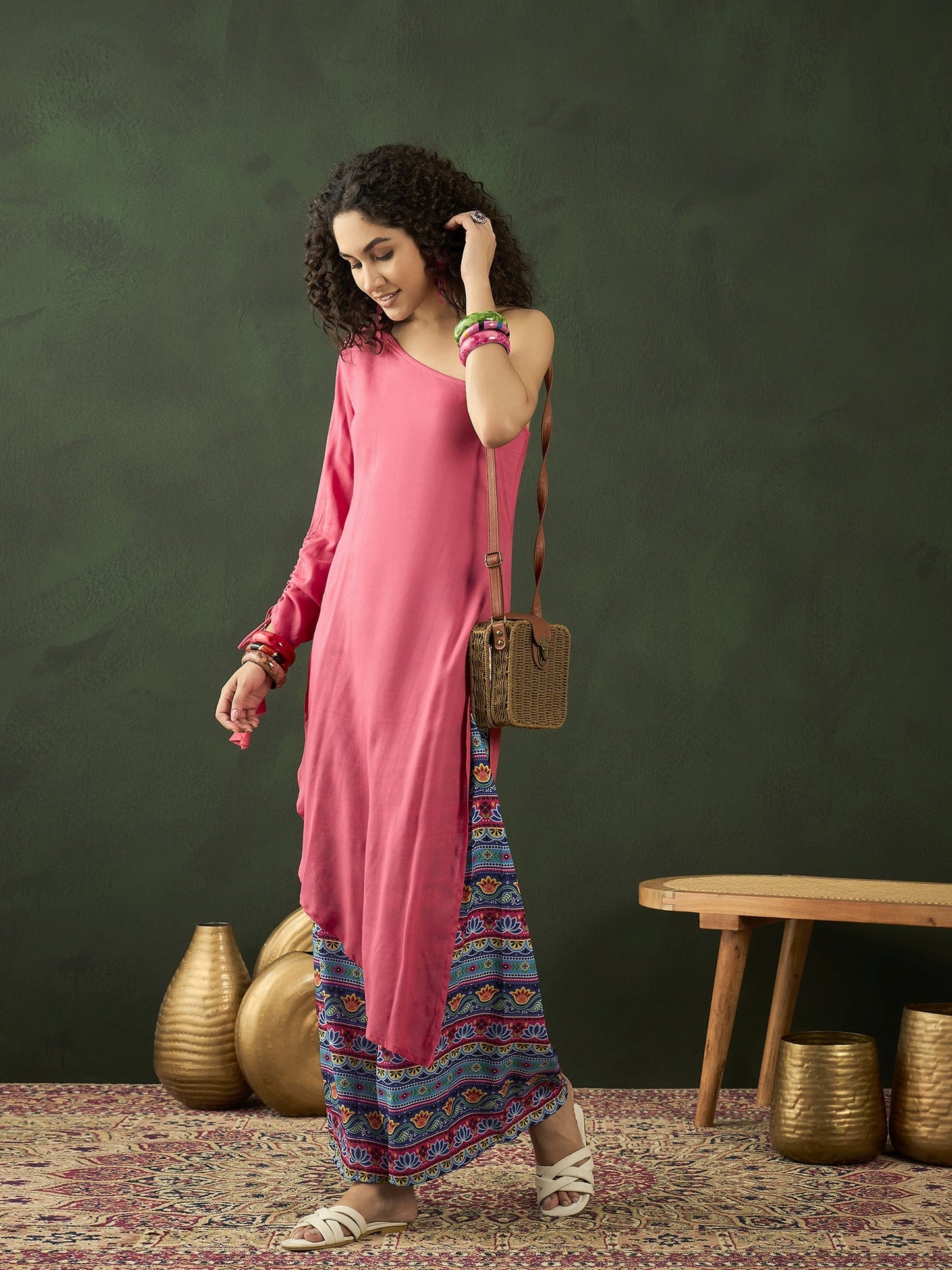 Pink Kurta With Printed Palazzo - Elganza