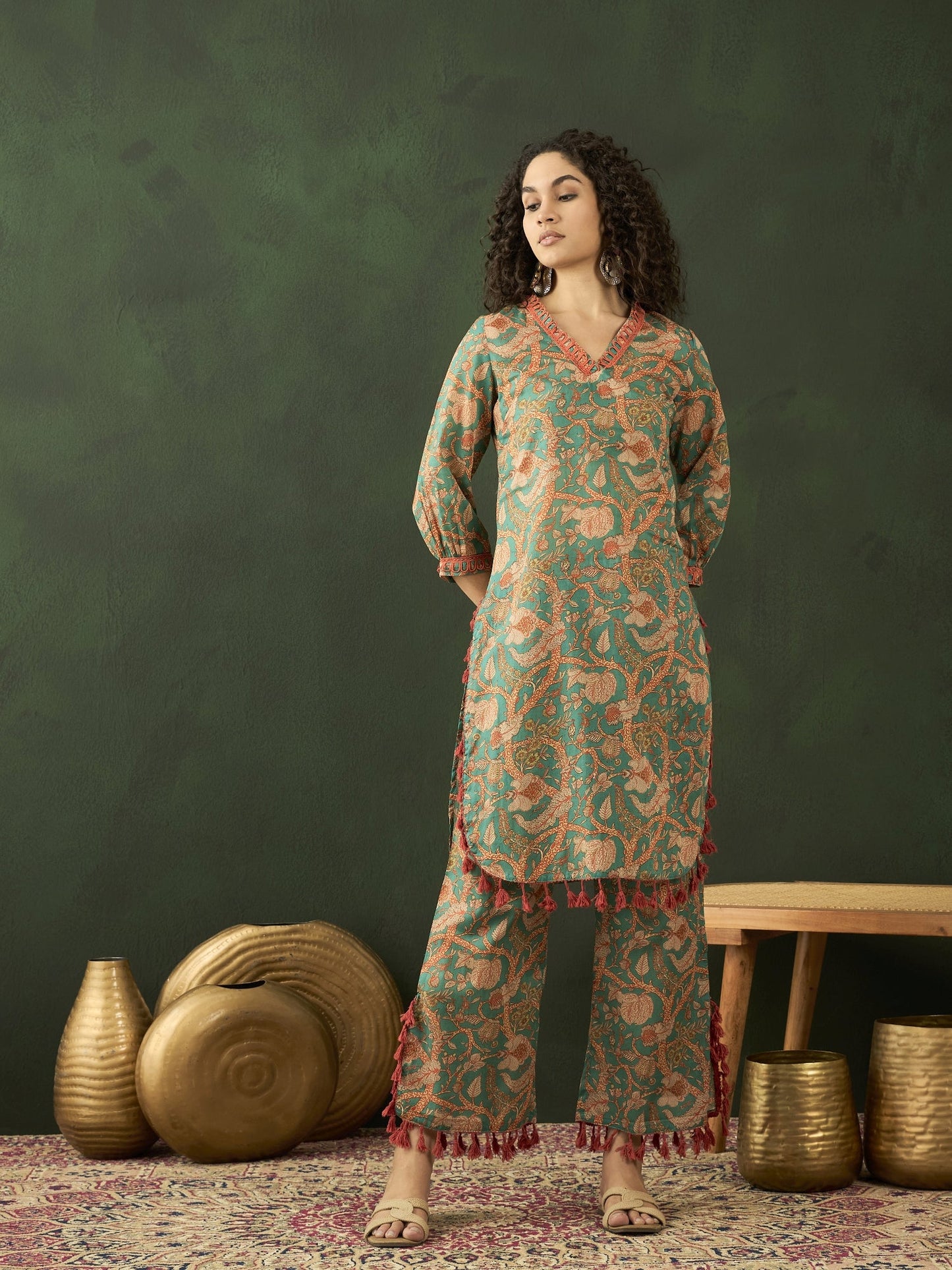 Green Floral Printed Pakistani Kurta With Palazzo - Elganza