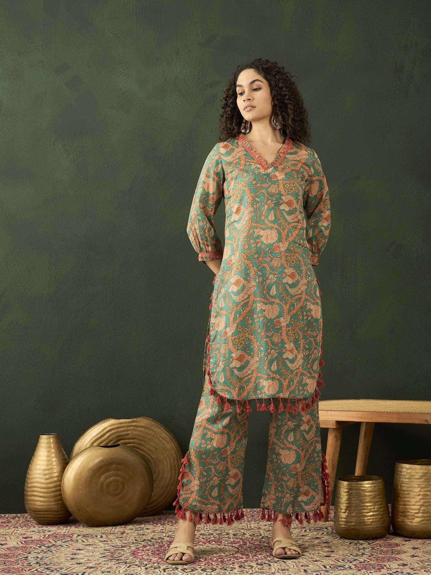Green Floral Printed Pakistani Kurta With Palazzo - Elganza