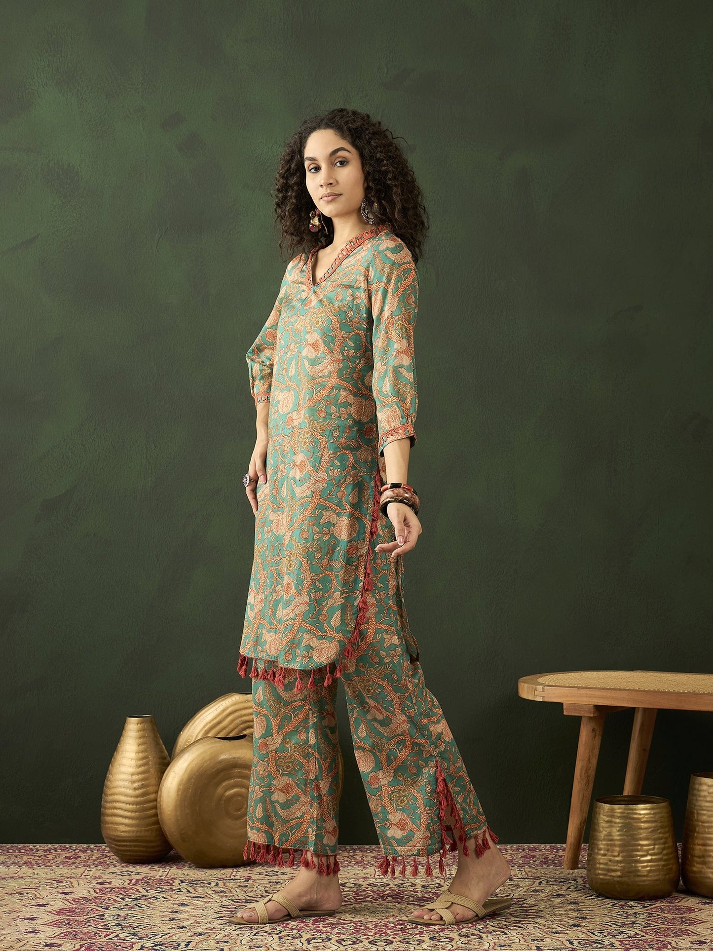 Green Floral Printed Pakistani Kurta With Palazzo - Elganza