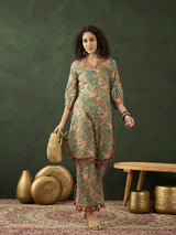 Green Floral Printed Pakistani Kurta With Palazzo - Elganza