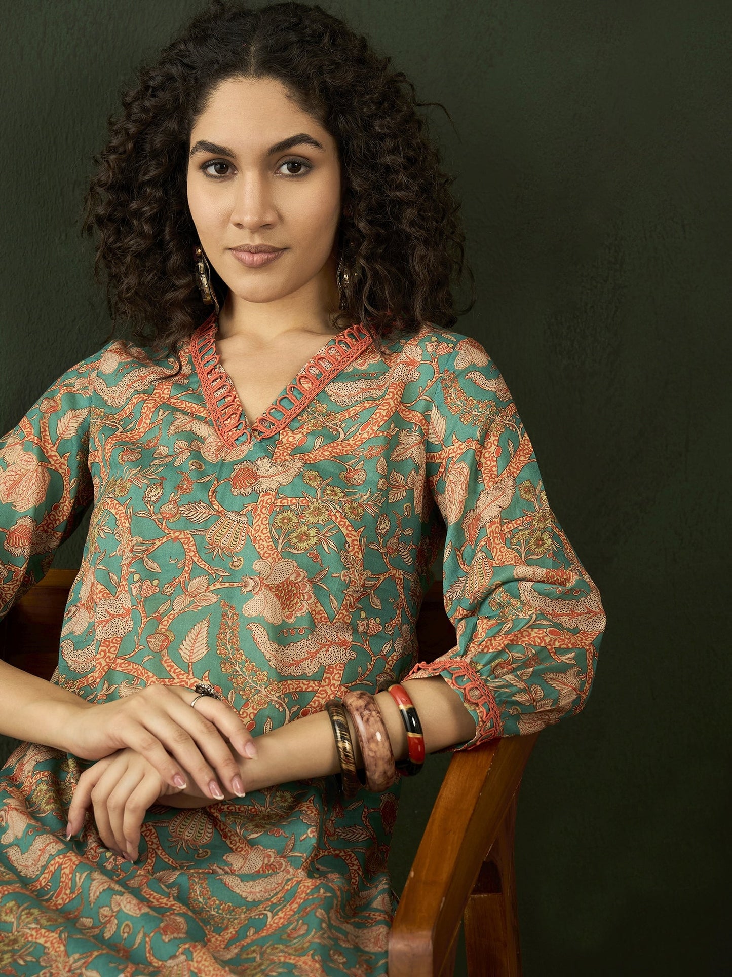 Green Floral Printed Pakistani Kurta With Palazzo - Elganza
