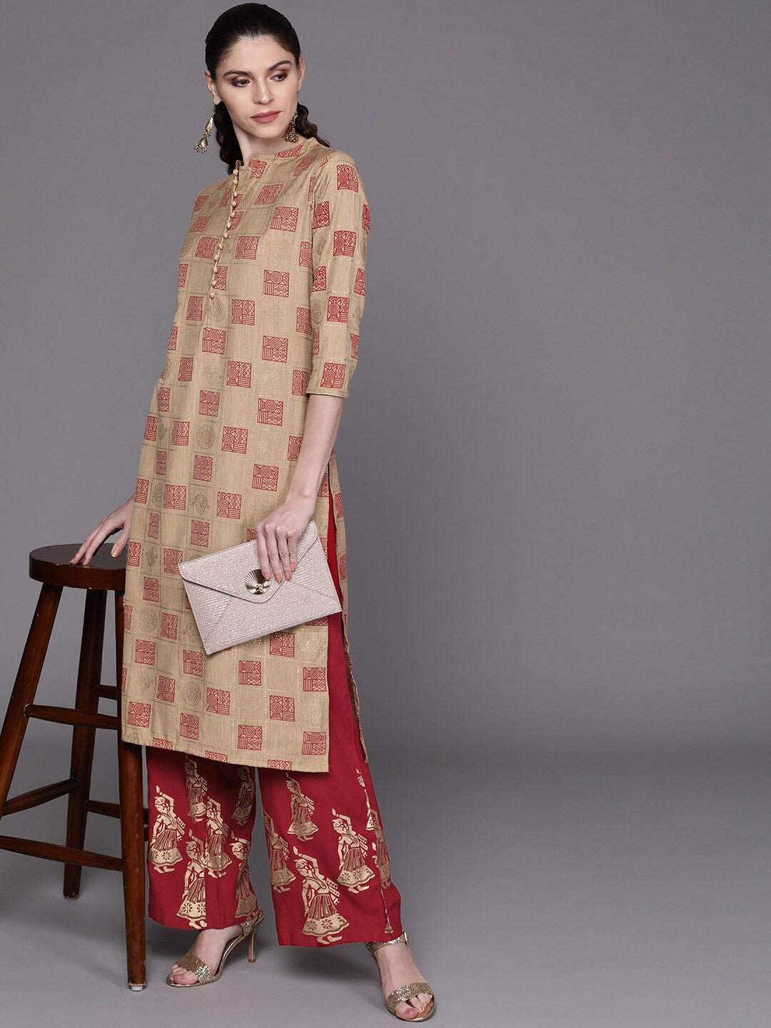 Beige Checked Kurta With Palazzo - Elganza