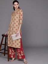 Beige Checked Kurta With Palazzo - Elganza