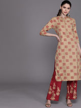 Beige Checked Kurta With Palazzo - Elganza